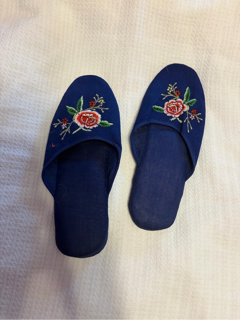 Navy Embroidered Floral Slip-On Women’s Slippers